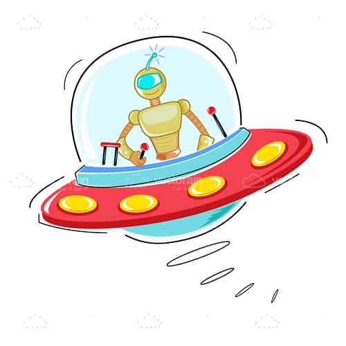 Illustrated Cartoon Robot in a Spaceship